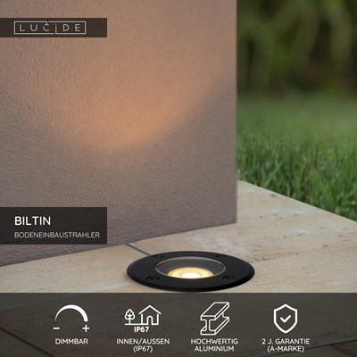 Lucide BILTIN - Bodeneinbaustrahler Innen/Außen - Ø 10,8 cm - 1xGU10 - IP67 - Schwarz